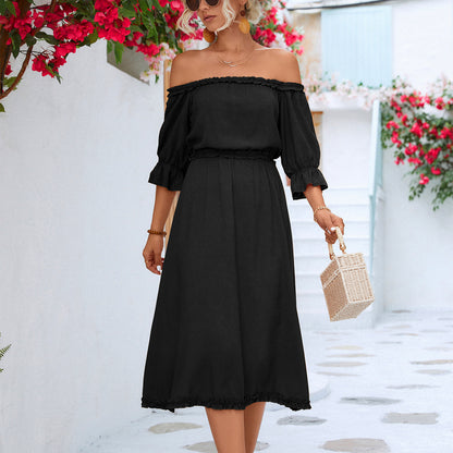 Ruffled One Shoulder Off Shoulder Swing Dress Wholesale Dresses