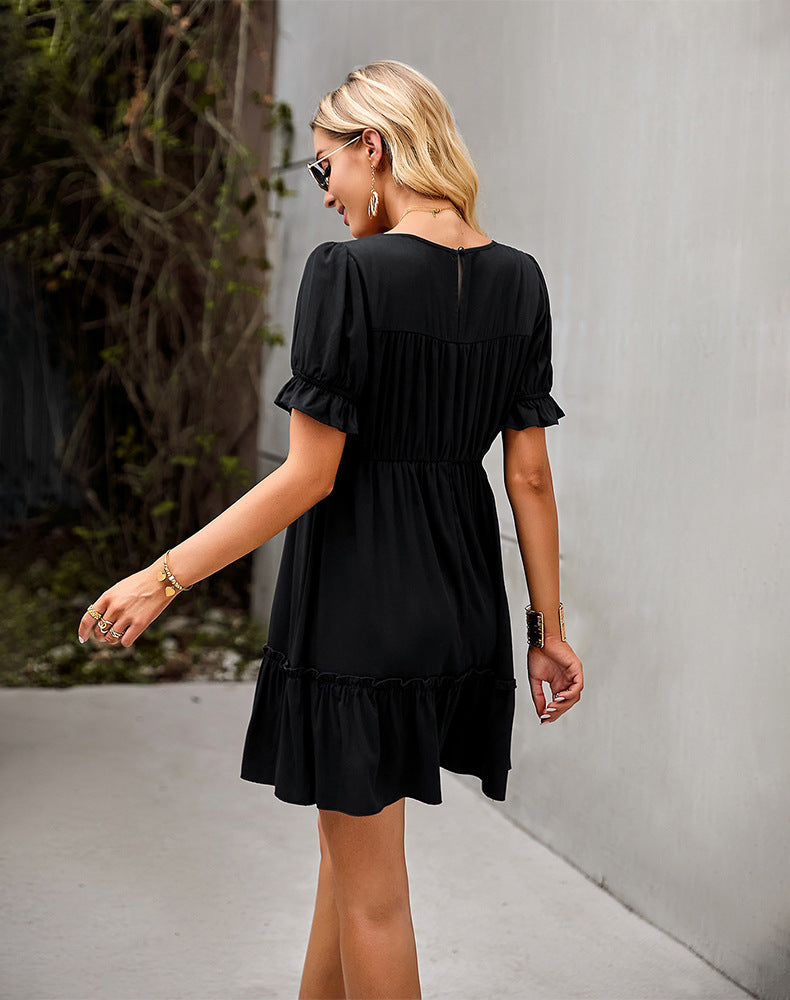 Solid Color Round Neck Puff Sleeve Loose Smocked Ruffled Dress Summer Casual Wholesale Dresses
