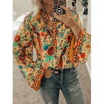 Loose Peacock Print Button Long Sleeve Womens Shirts Casual Wholesale Blouse