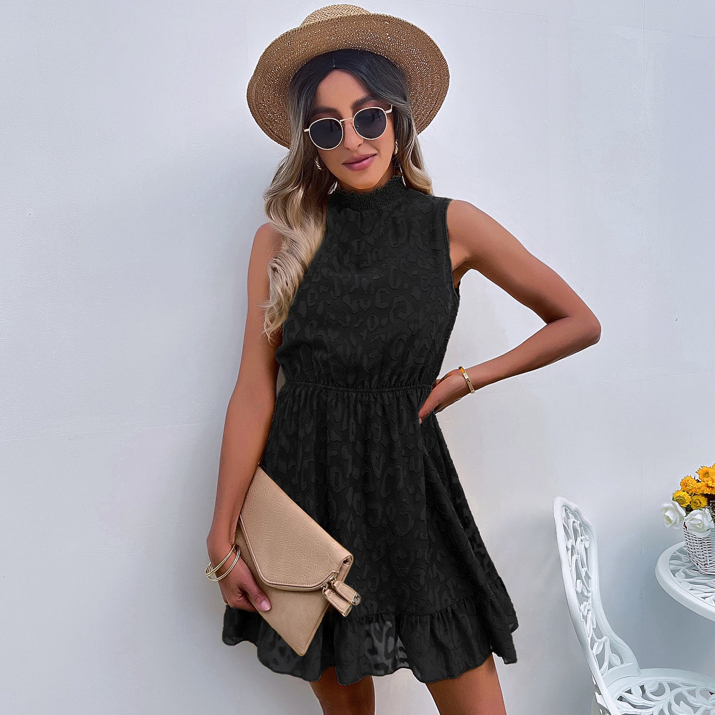 Casual High Collar Sleeveless Chiffon Lace Jacquard Swing Dress Fashion Ruffles Wholesale Dresses