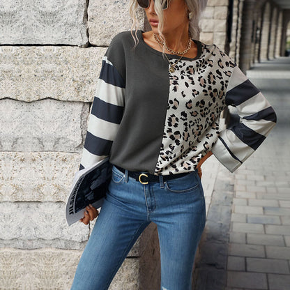 Casual Splicing Striped Crew Neck Tops Wholesale Womens Long Sleeve T Shirts