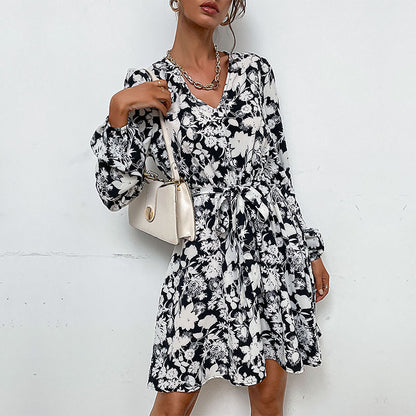 Casual V-Neck Long Sleeve Tie-Up Floral Dress Wholesale Dresses