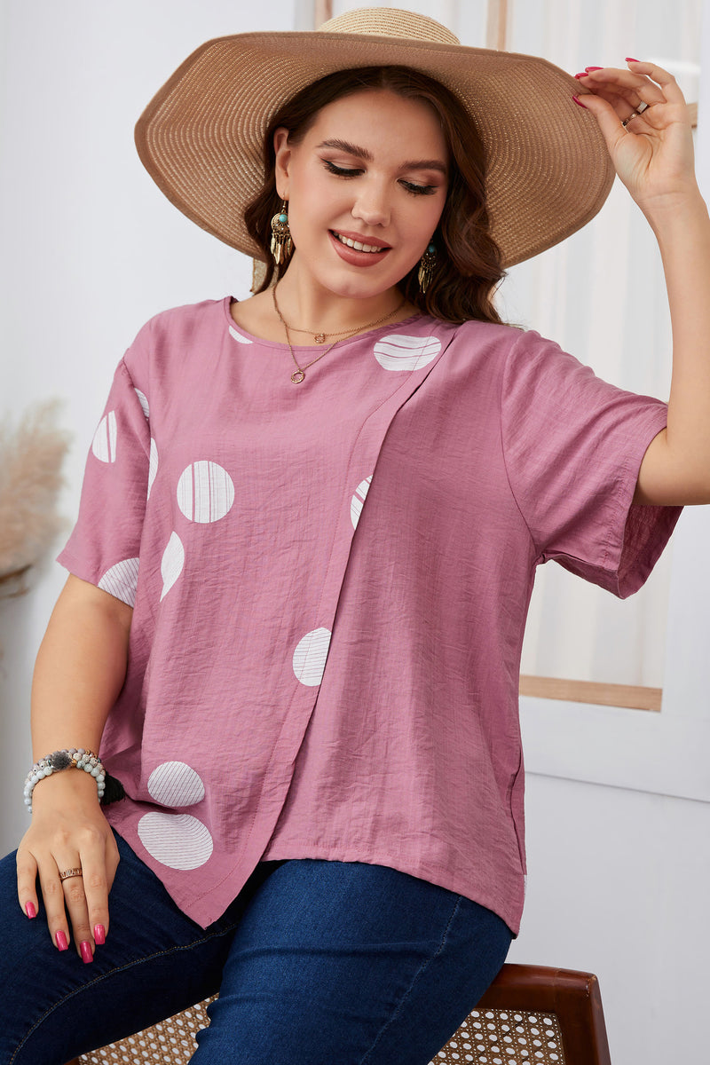 Polka Dot Print Short Sleeve Round Neck Wholesale Plus Size Tops