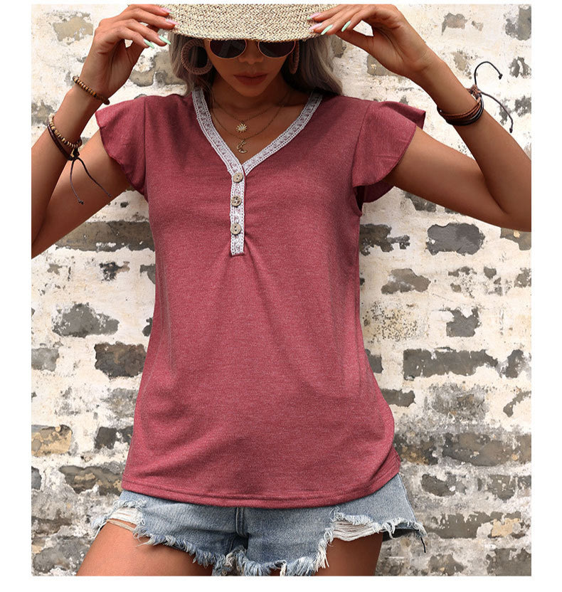 Solid Color Ruffle Sleeve Button Down Wholesale T-shirts for Summer