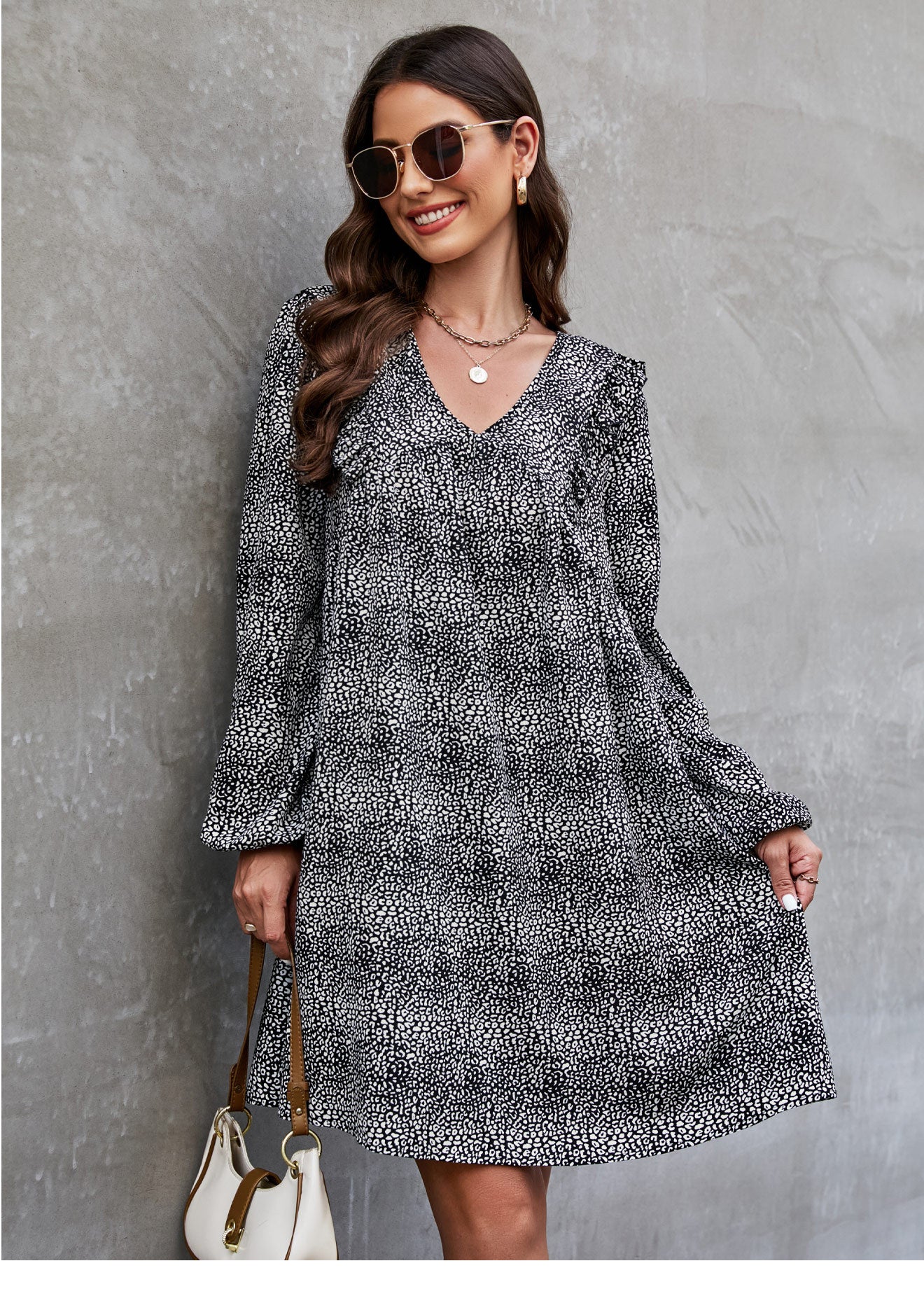 Leopard Print V Neck Loose Long Sleeve Dress Wholesale Dresses