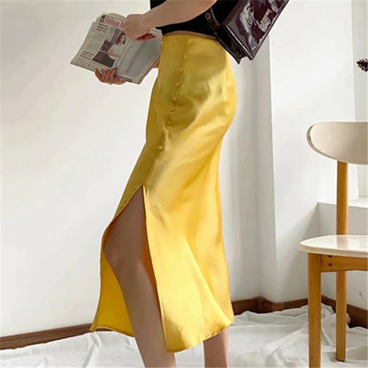 Solid Color High Waist Single Breasted Slit Slim Business Casual Women A-Line Satin Skirts Wholesale