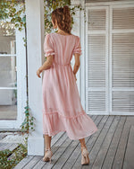 Elegant V Neck Flocking Midi Dress Short Sleeve High Waist Solid Color Wholesale Dresses