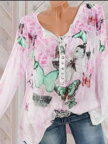 Fashion Loose Chiffon Butterfly Print Button Top V Neck Casual Wholesale Womens Long Sleeve T Shirts