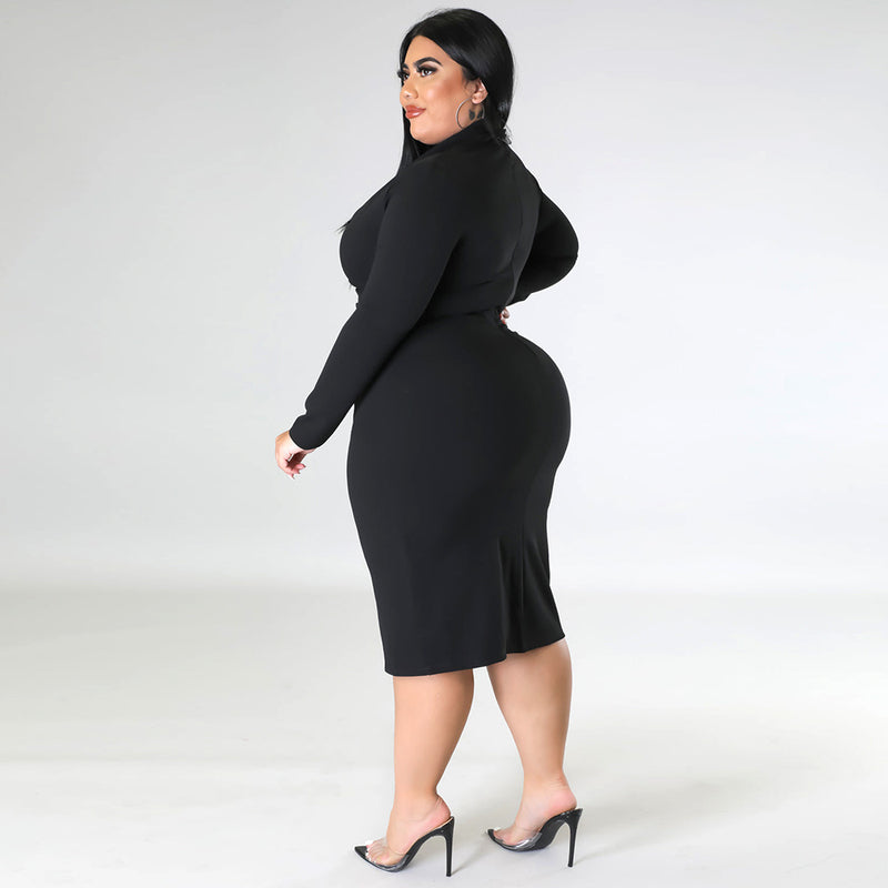 Sexy V-Neck Midi Dress Solid Color Long Sleeve Pleated Wholesale Plus Size Clothing