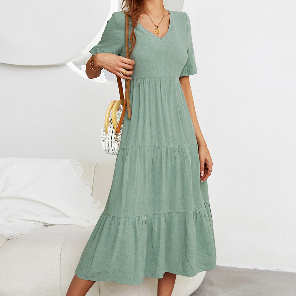 Fashion Loose V-Neck Swing Dress Solid Color Short Sleeve Wholesale Dresses