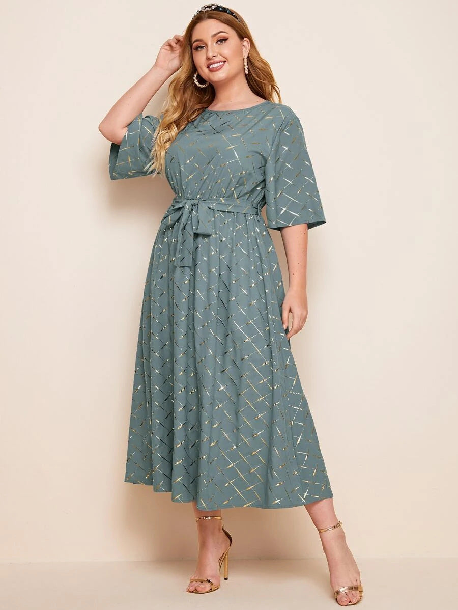 Casual Printed Loose Dress Lace-Up Short Sleeve Midi Dresses Wholesale Plus Size Clothing