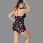 Halterneck Low Cut Boxer Swimsuit Cherry Print Plus Size Swimwear Wholesale Vendors