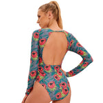 Fashion Print One Piece Bikini Swimsuit Backless Cutout Long Sleeve Wholesale Swimwear