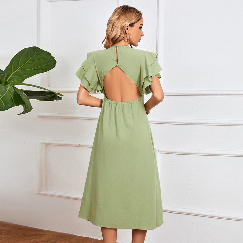 Low V-Neck Button-Down Open-Back A-Line Skirt Solid Color Dress Wholesale Dresses