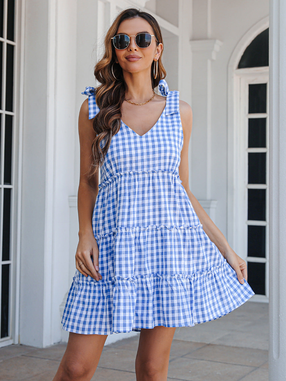 Plaid Print Sleeveless V Neck Wholesale A Line Dresses