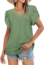 Lace Stiching Jacquard Petal Sleeve V-Neck Flocking Women'S Top Casual Wholesale T Shirts ST531081