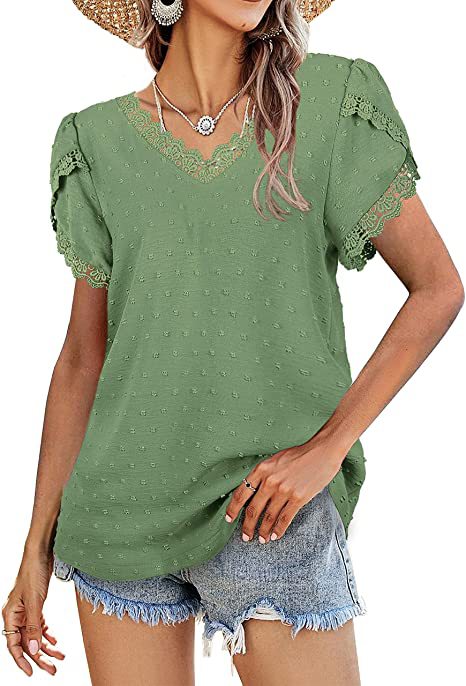 Lace Stiching Jacquard Petal Sleeve V-Neck Flocking Women'S Top Casual Wholesale T Shirts ST531081