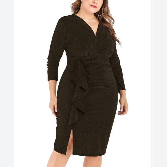 V-Neck Cropped Sleeves Slim Fit Curvy Dresses Wholesale Plus Size Clothing