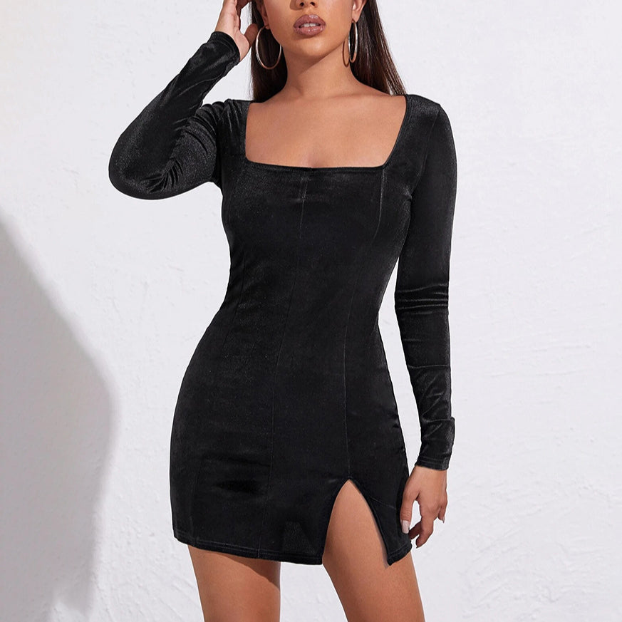 Sexy Square Neck Velvet Slit Dress Bodycon Long-Sleeved Wholesale Dresses