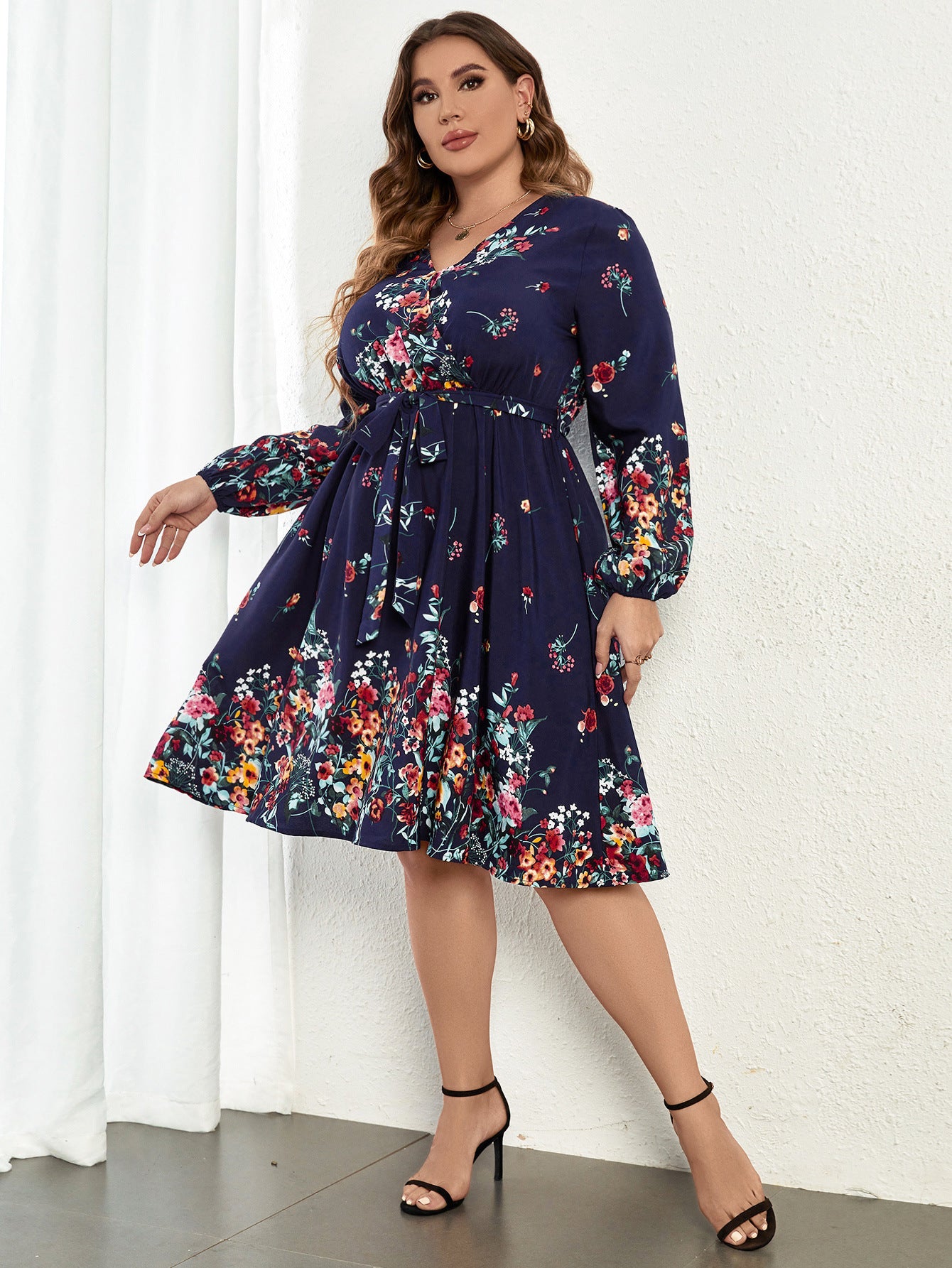 Waisted V-Neck Long-Sleeve Curvy Dresses Wholesale Plus Size Clothing