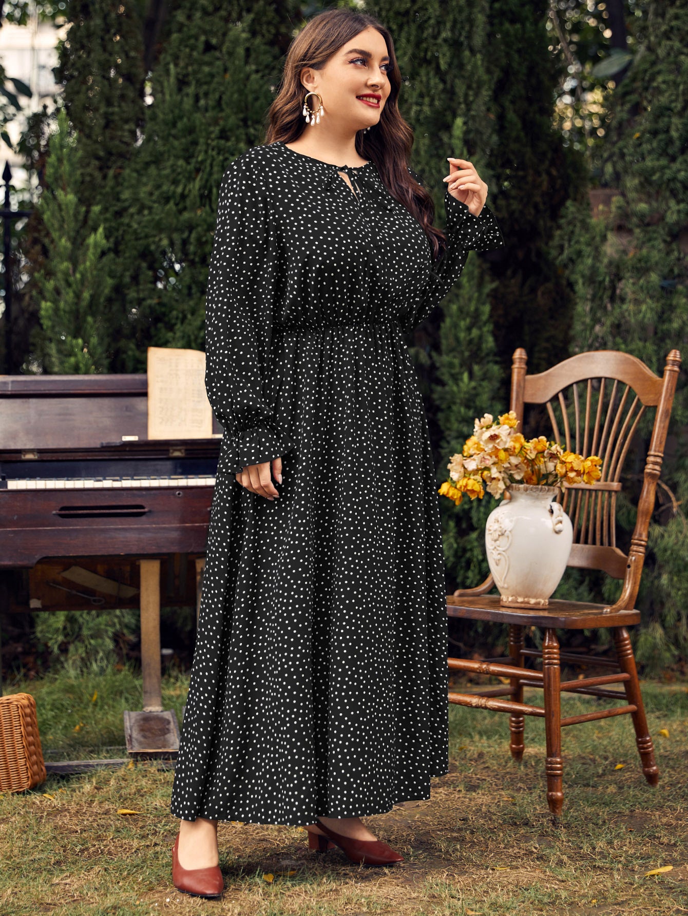 Chiffon Polka Dot Curvy Dress High Waist Long Sleeve Dresses Wholesale Plus Size Clothing