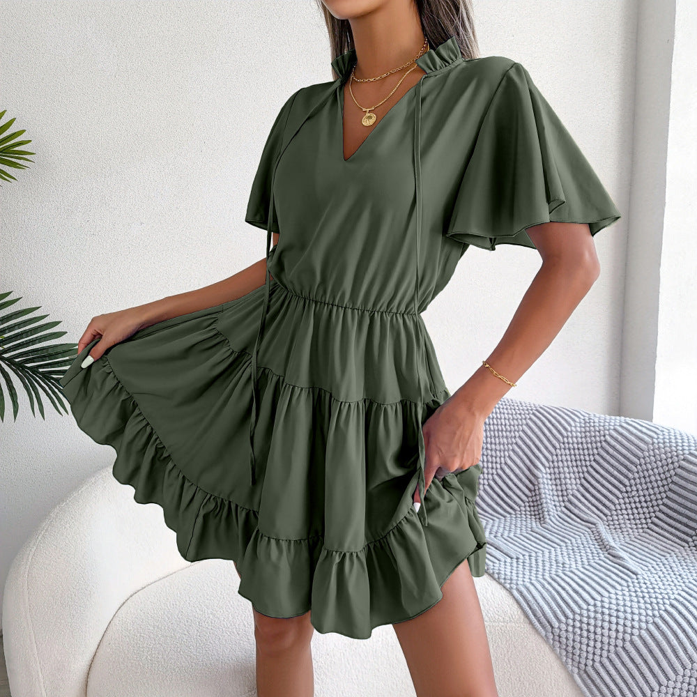 Lotus Leaf Lace-Up Solid Color Smocked Dress Wholesale Dresses