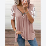 Sexy Low-Cut V-Neck Zipper Lace Short-Sleeved Wholesale T Shirts Casual Womens Tops
