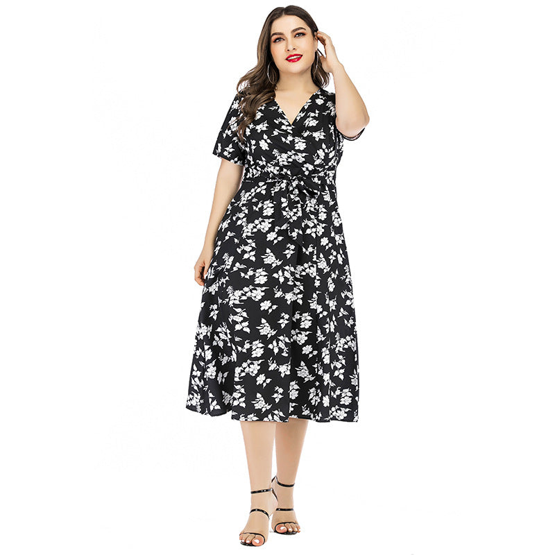 V Neck Casual Short Sleeve Curvy Floral Dresses Wholesale Plus Size Clothing