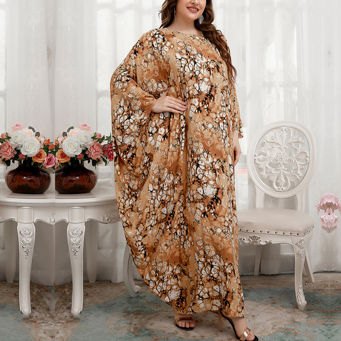 Printed Oversized Doll Sleeve Curvy Maxi Dresses Wholesale Plus Size Clothing