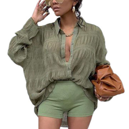 Long Sleeve Solid Color Lapel Chiffon Loose Casual Tops Womens Shirts Wholesale Blouse