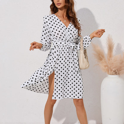 Polka Dot Print V-Neck Long Sleeve Casual Dress Wholesale Dresses