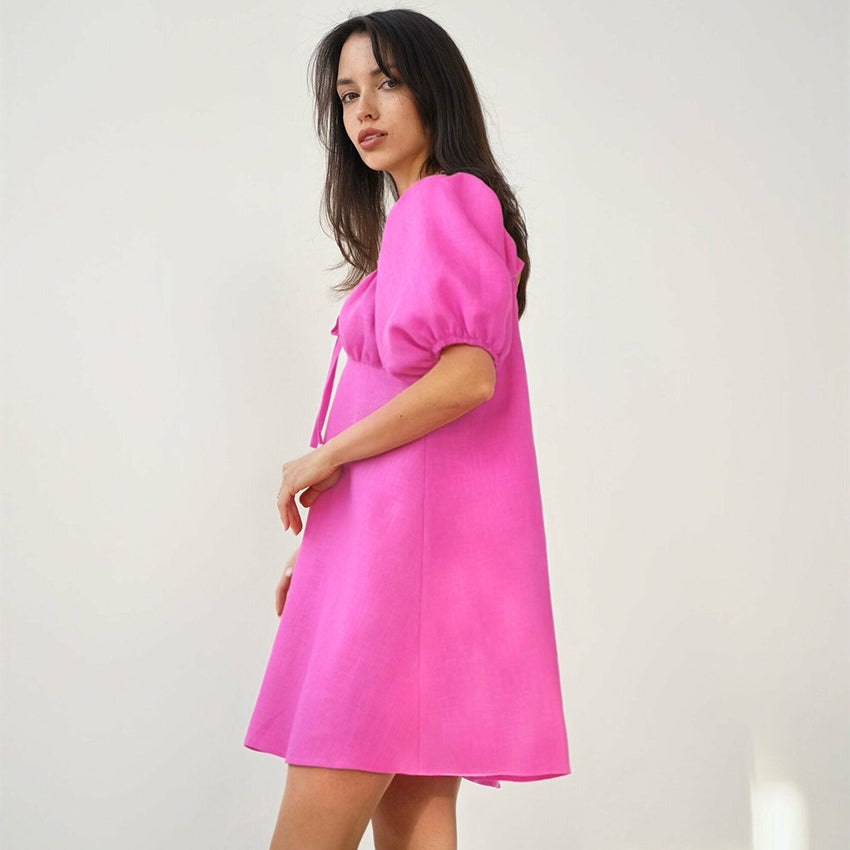 Puff Sleeve Solid Color Casual Commuter A-Line Loose Dress Wholesale Dresses