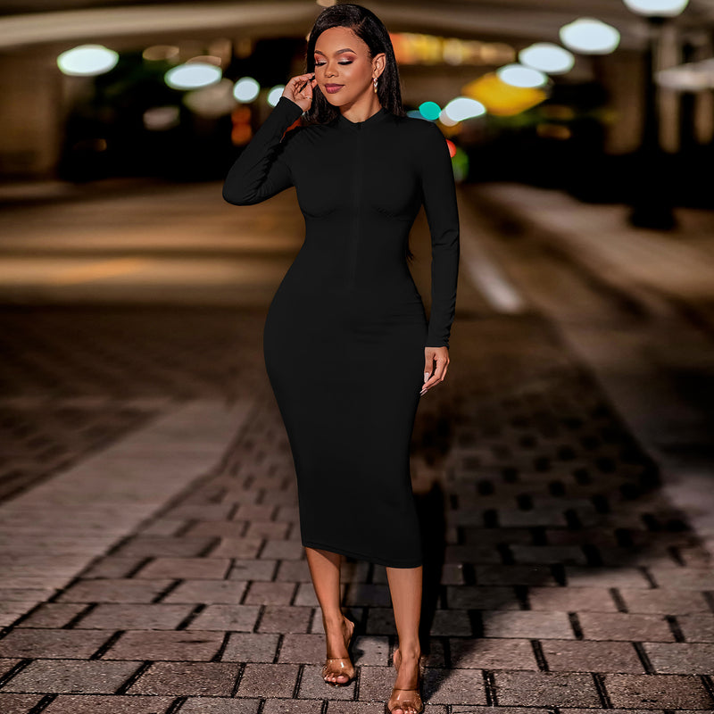 Sexy Zipper Long Sleeve Backless Bodycon Dress Wholesale Dresses