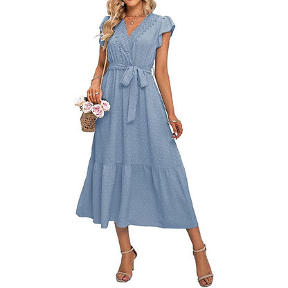 V-Neck Lace-Up Flying Sleeves Jacquard Midi Swing Dress Wholesale Dresses