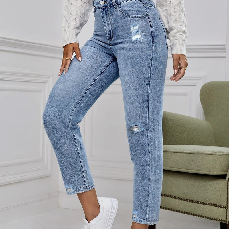 Fashion Personality Ripped Denim Straight Leg Pants Wholesale Jeans
