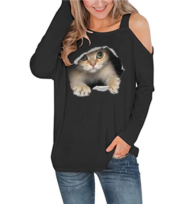 Off Shoulder Cat Print Long Sleeve Blouse Womens Tops Wholesale T-Shirts