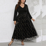 Wholesale Women'S Plus Size Clothing V-Neck Long-Sleeved Stitching Polka-Dot Bronzing Dress