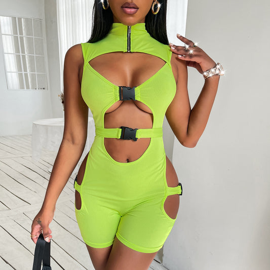 Solid Color Cutout Zip Collar Sleeveless Clubwear Sexy Womens Clothes Wholesale Rompers