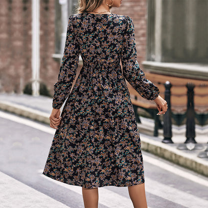 Lace Trim V Neck Long Sleeve Waist Midi Floral Dress Wholesale Dresses