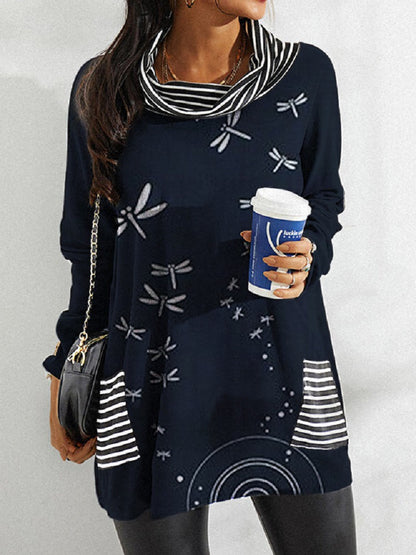 Fashion Print Striped Top Pile Collar Loose Wholesale Womens Long Sleeve T Shirts