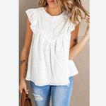 Solid Color Round Neck Frill Sleeve Jacquard Womens Sleeveless T-Shirts Casual Wholesale Tank Tops