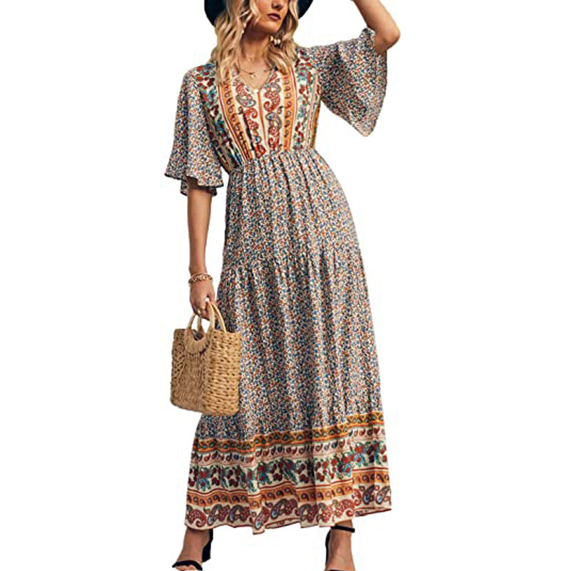 V Neck Boho Style Print Flare Sleeve Elastic Waist Maxi Dresses Wholesale Bohemian Dress For Women