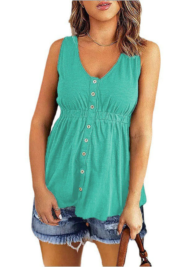 Plain Color Sleeveless V Neck Button Down Wholesale Flowy Tank Tops for Summer