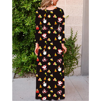 Christmas Crew Neck Print Festive Swing Long Sleeve Maxi Dress Wholesale Dresses