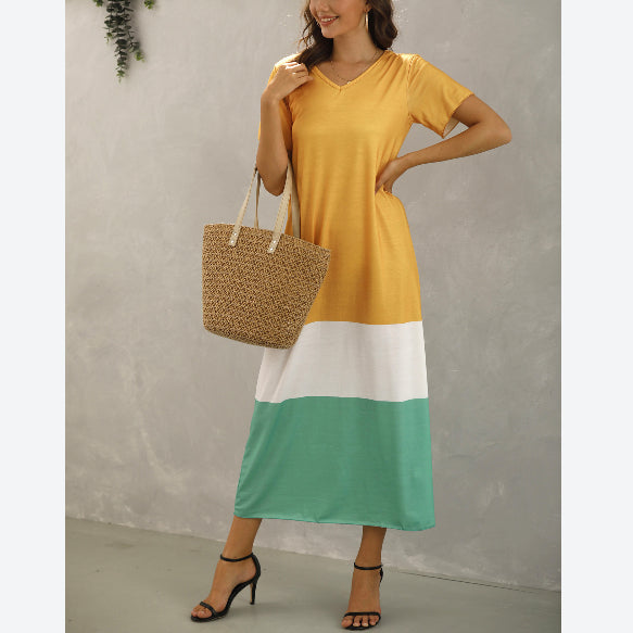 Trendy Colorblock Print Short Sleeve V Neck Midi A-Line Dresses Casual T Shirt Dress Wholesale