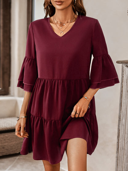 Fashion V-Neck Trumpet Sleeve Solid Color Loose A-Line Dress Wholesale Dresses