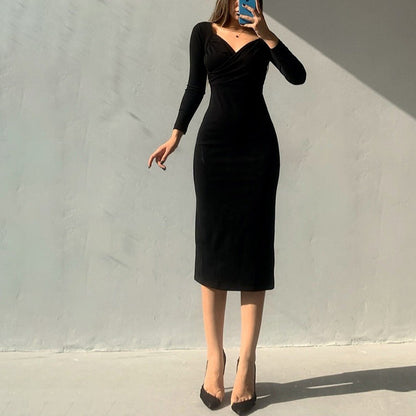 Sexy Square Neck Midi Dress Long Sleeve Slim High Waist Slit Wholesale Dresses