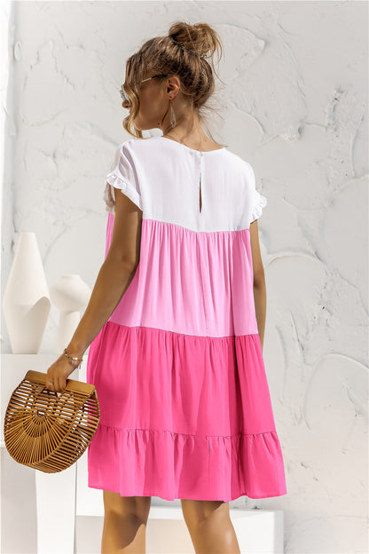 Round Neck Colorblock Ruffles Short Sleeve Loose Smocked Dresses Casual T Shirt Dress Wholesale