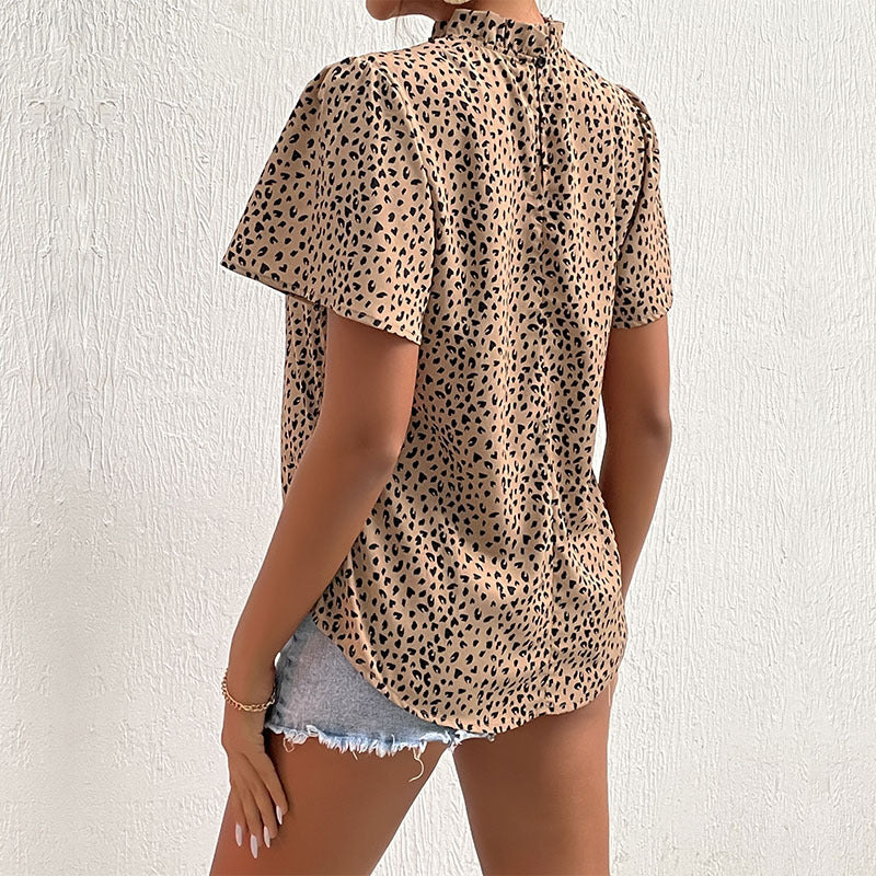 Leopard Print Short Sleeve Turtleneck Wholesale Blouses For Women