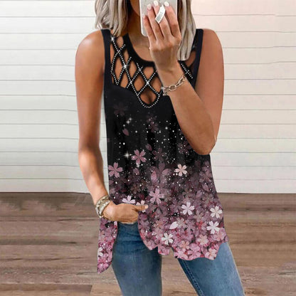 Sexy Hollow Out Print Tops Hot Drill Loose Sleeveless Womens T Shirts Wholesale